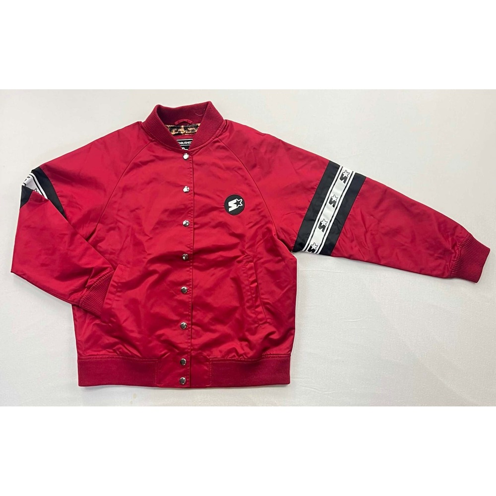 EUC Starter Red Satin Varsity Jacket Leopard Print Lining Men Medium Bomber Logo